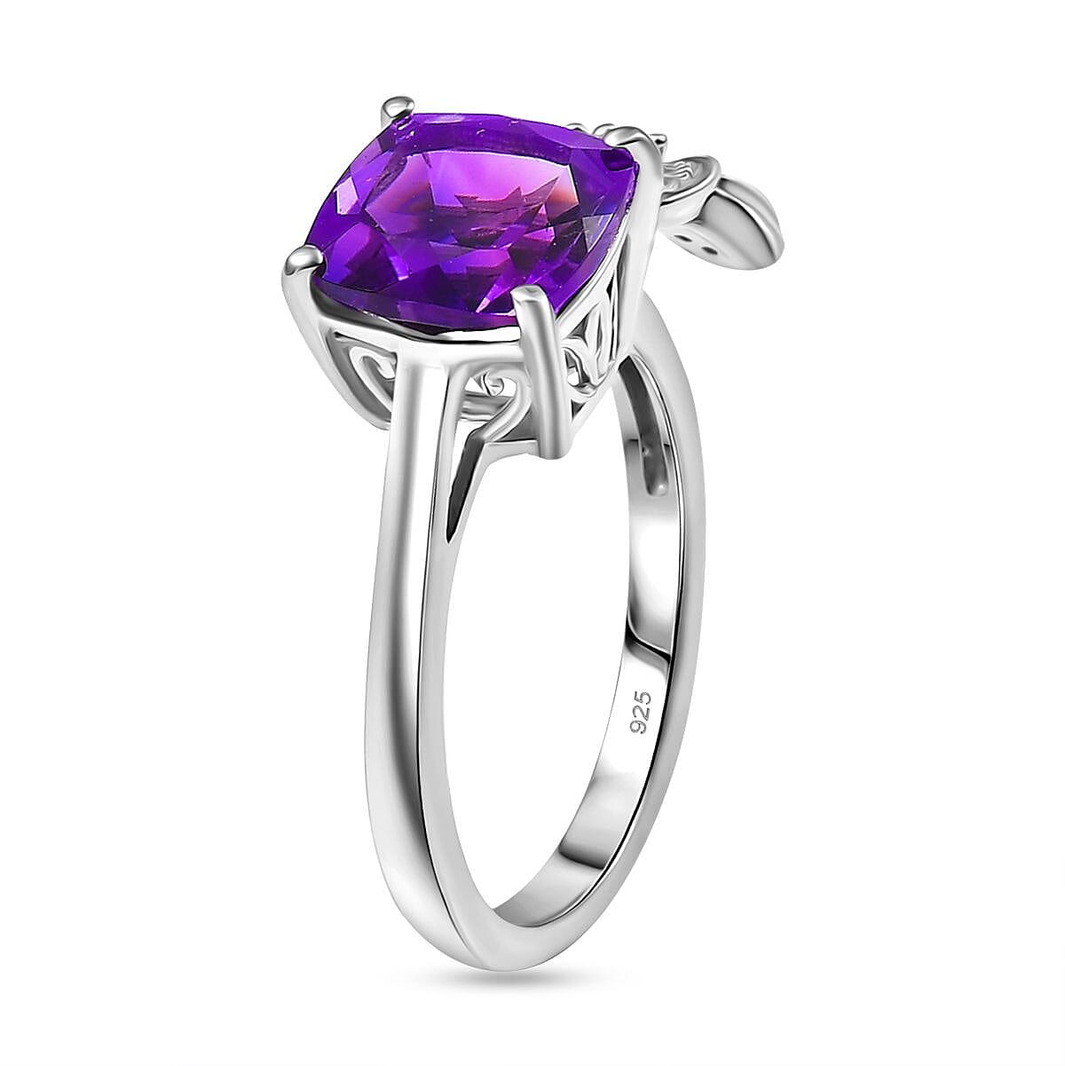 Natural Moroccan Amethyst, White Zircon Blossom Ring in Rhodium Overlay Sterling Silver 2.55 Ct. 8165105 4