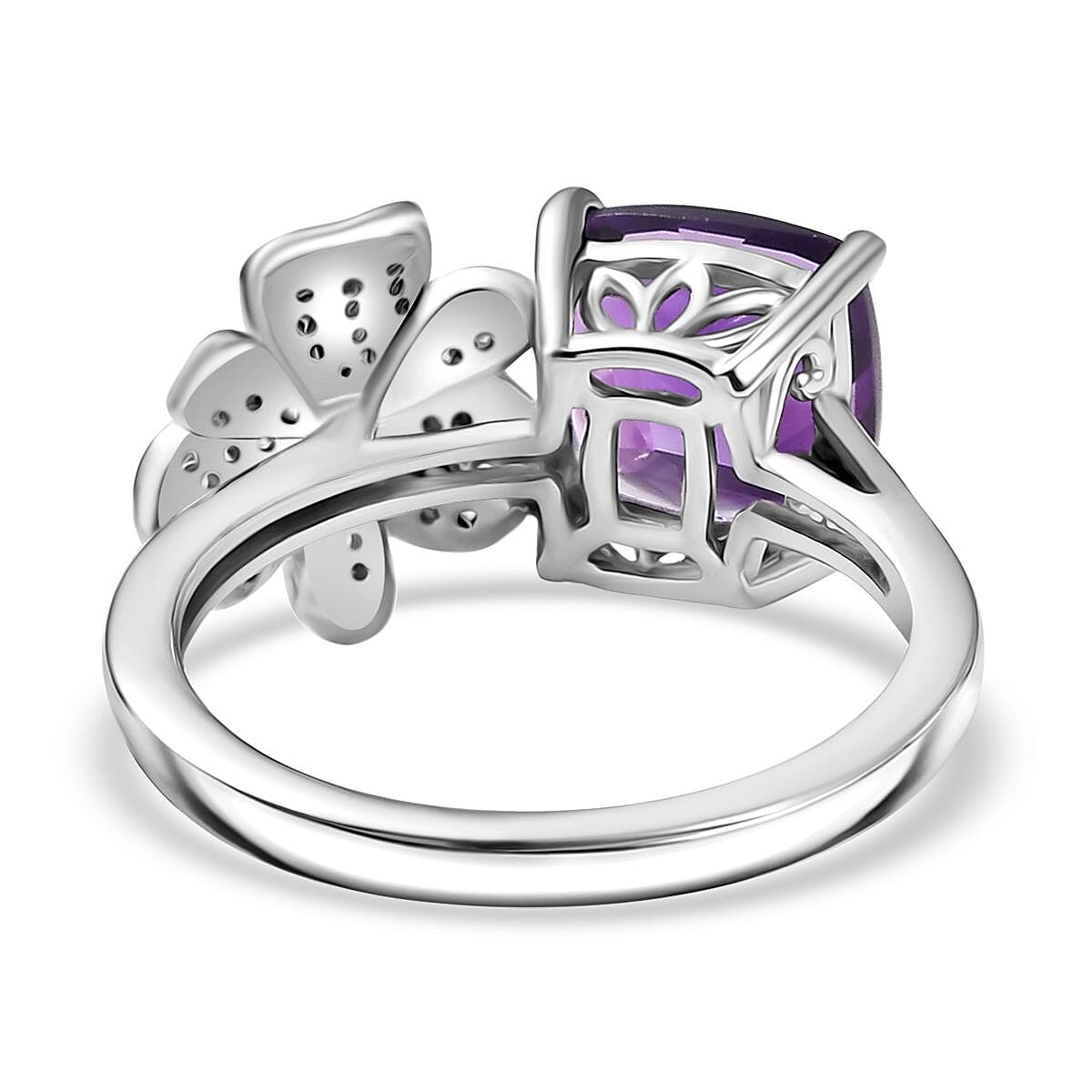 Natural Moroccan Amethyst, White Zircon Blossom Ring in Rhodium Overlay Sterling Silver 2.55 Ct. 8165105 5