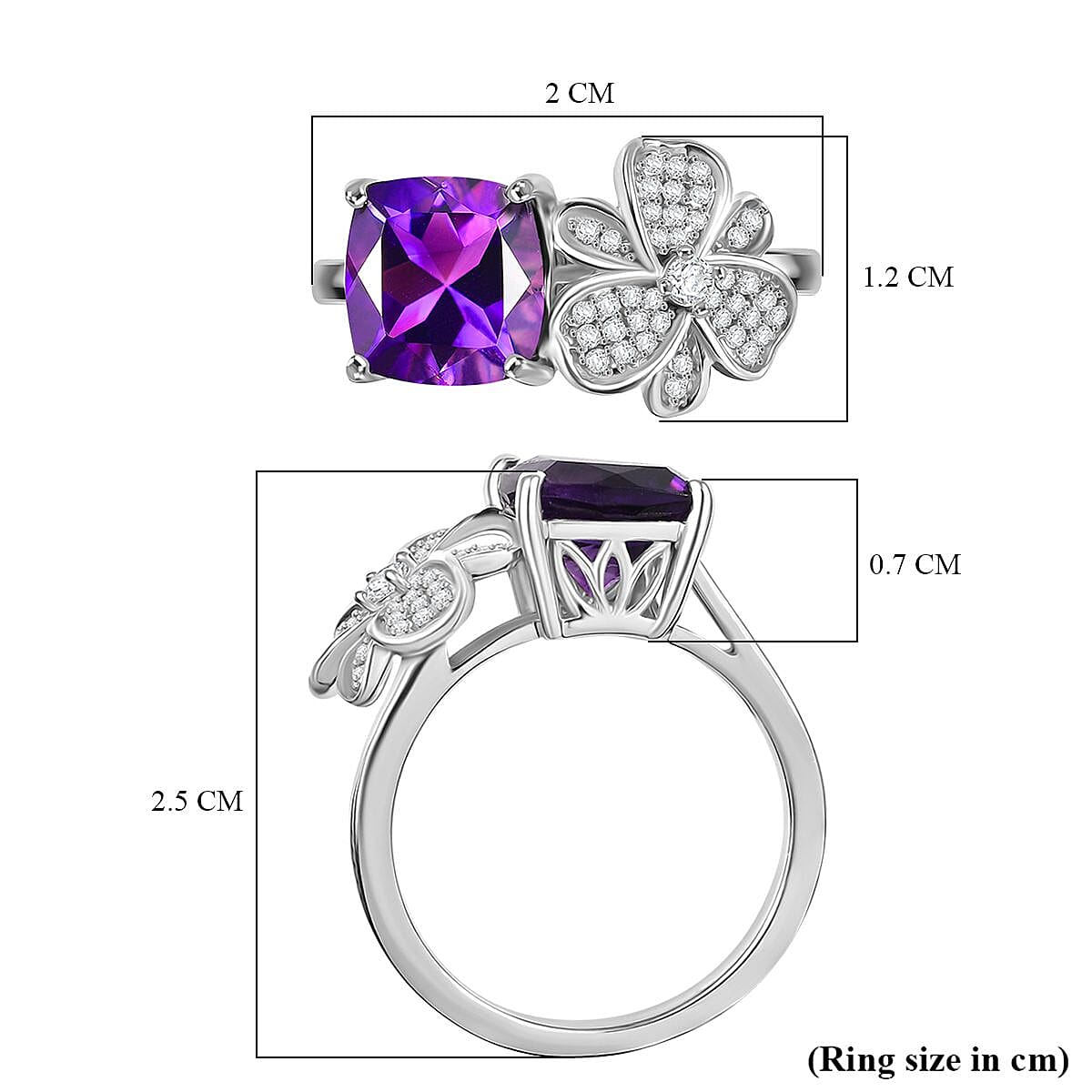 Natural Moroccan Amethyst, White Zircon Blossom Ring in Rhodium Overlay Sterling Silver 2.55 Ct. 8165105 6