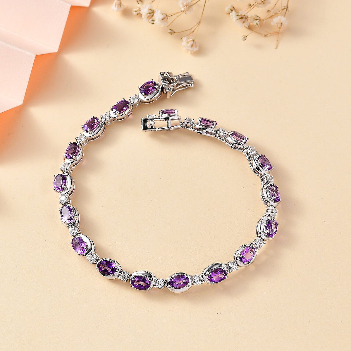 Moroccan Amethyst and Natural Zircon Tennis Bracelet in Rhodium Overlay Sterling Silver (Size - 7) 7828866 2