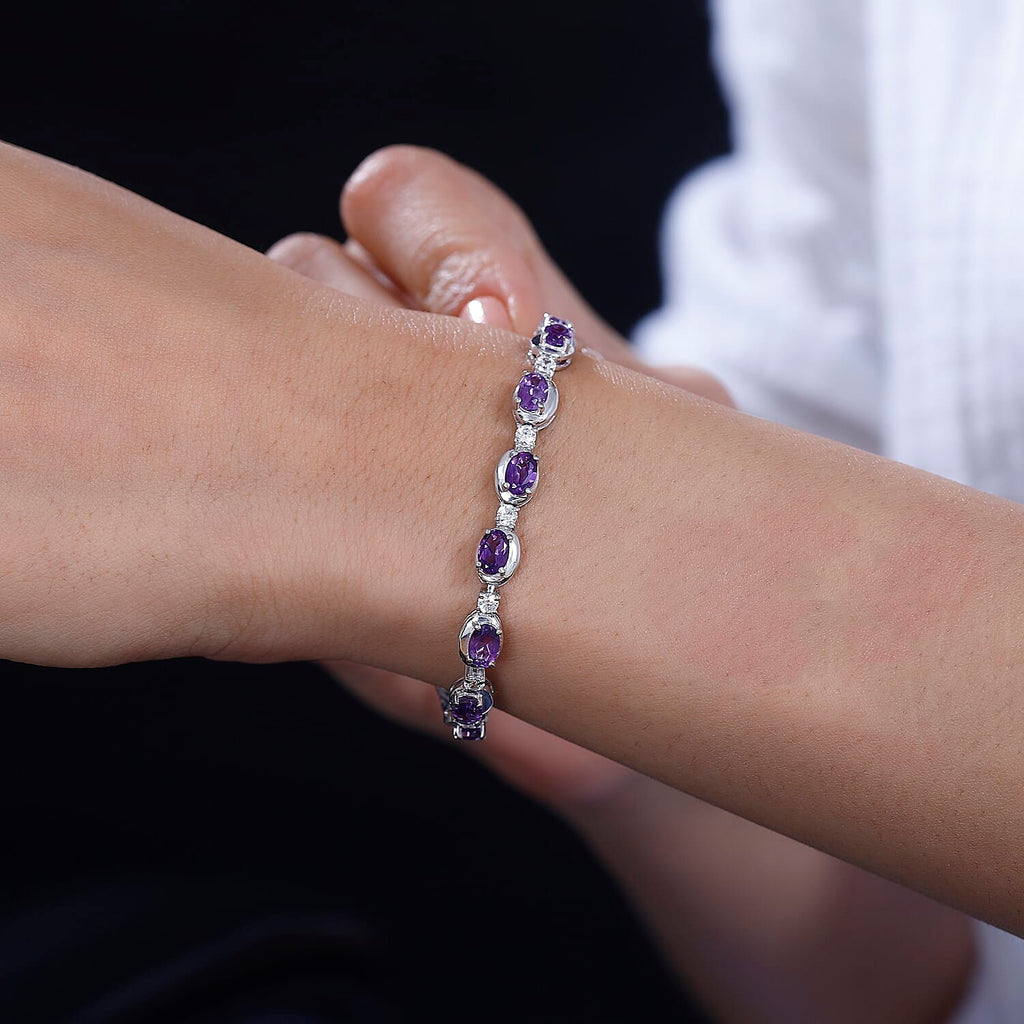 Moroccan Amethyst & Natural Zircon Tennis Bracelet (Size - 7,5) in Rhodium Overlay Sterling Silver 9.07 Ct, Silver Wt. 13.00 GM