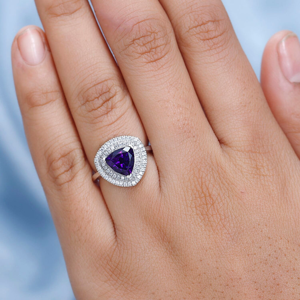 Moroccan Amethyst & Natural Zircon Halo Ring in Platinum Overlay Sterling Silver 2.34 Ct.