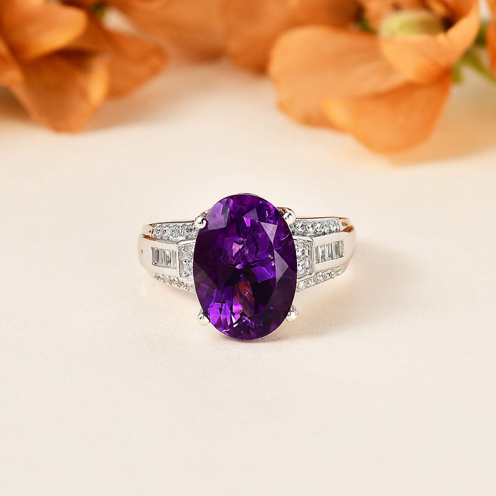 Moroccan Amethyst , White Zircon Ring in Platinum Overlay Sterling Silver 6.80 ct 6.275 Ct. 7726379 2