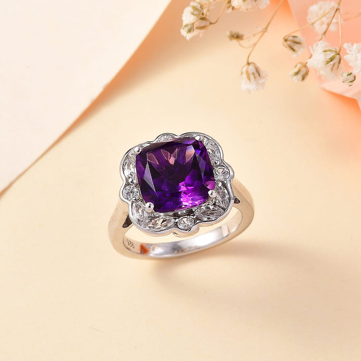 Moroccan Amethyst, Natural Zircon Hao Ring in Rhodium Overlay Sterling Silver 5.65  Ct. 7795567 2