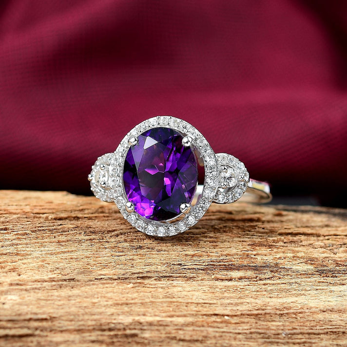 Natural Moroccan Amethyst &amp; White Zircon Classic Garden Glow Ring in Rhodium Overlay Sterling Silver 3.00 Ct. 8162840 2