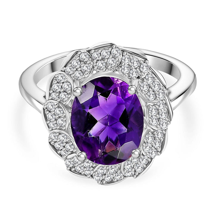 Natural Moroccan Amethyst &amp; White Zircon Royal Blossom Ring in Rhodium Overlay Sterling Silver 3.01 Ct. 8165008 1