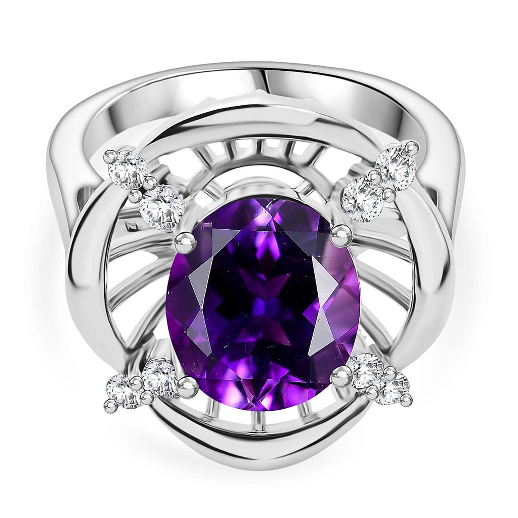Natural Moroccan Amethyst & White Zircon Sunlit Grace Ring in Rhodium Overlay Sterling Silver 3.53 Ct.