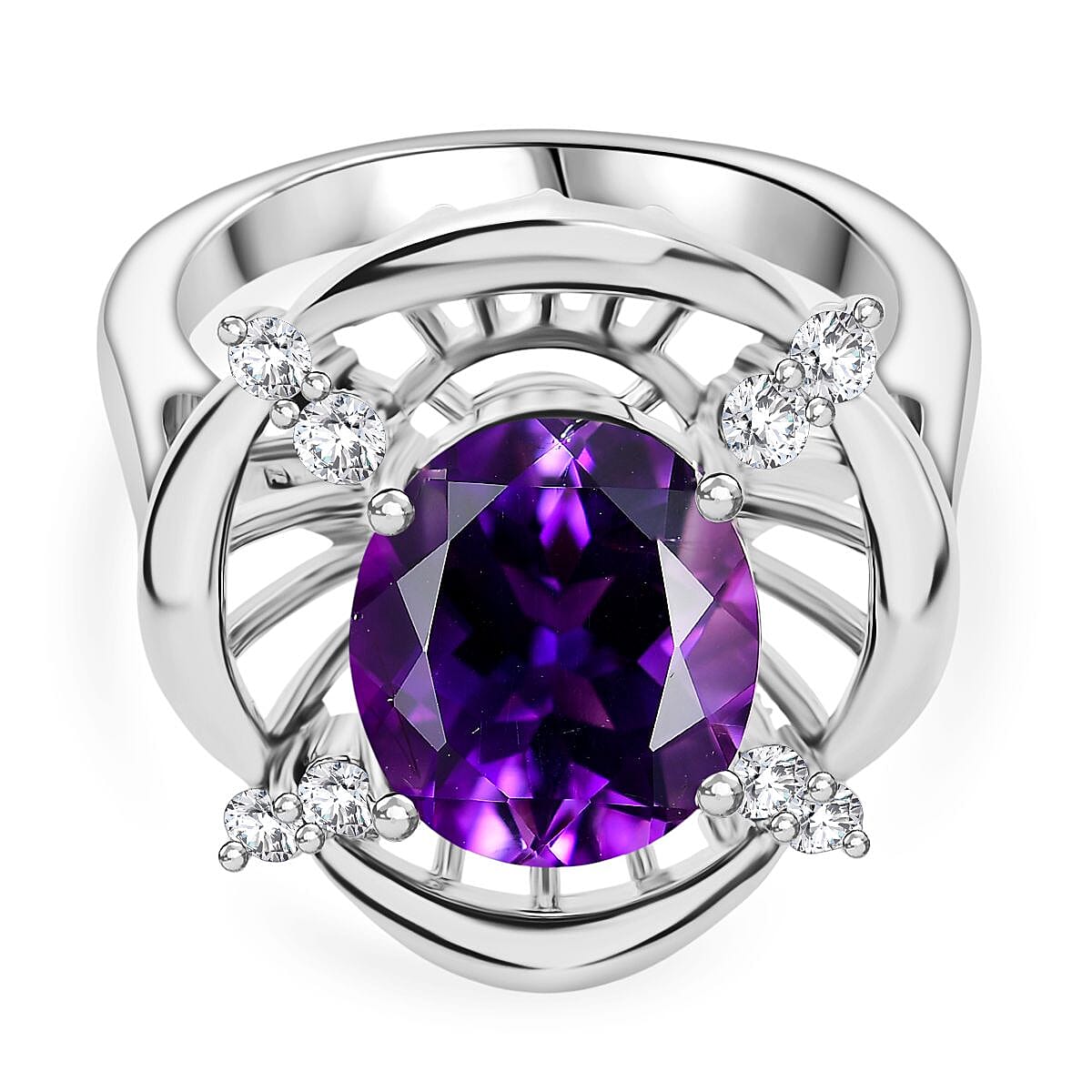 Natural Moroccan Amethyst &amp; White Zircon Sunlit Grace Ring in Rhodium Overlay Sterling Silver 3.53 Ct. 8166641 0