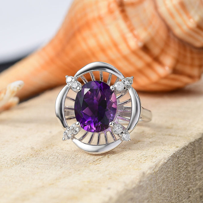 Natural Moroccan Amethyst &amp; White Zircon Sunlit Grace Ring in Rhodium Overlay Sterling Silver 3.53 Ct. 8166641 2