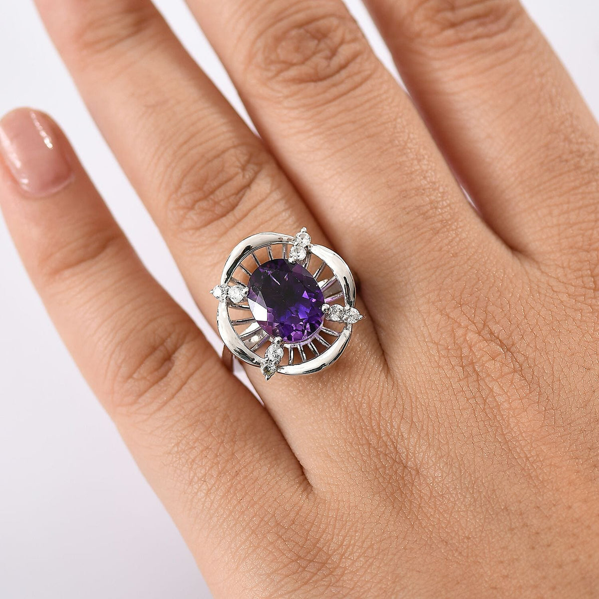Natural Moroccan Amethyst &amp; White Zircon Sunlit Grace Ring in Rhodium Overlay Sterling Silver 3.53 Ct. 8166641 3