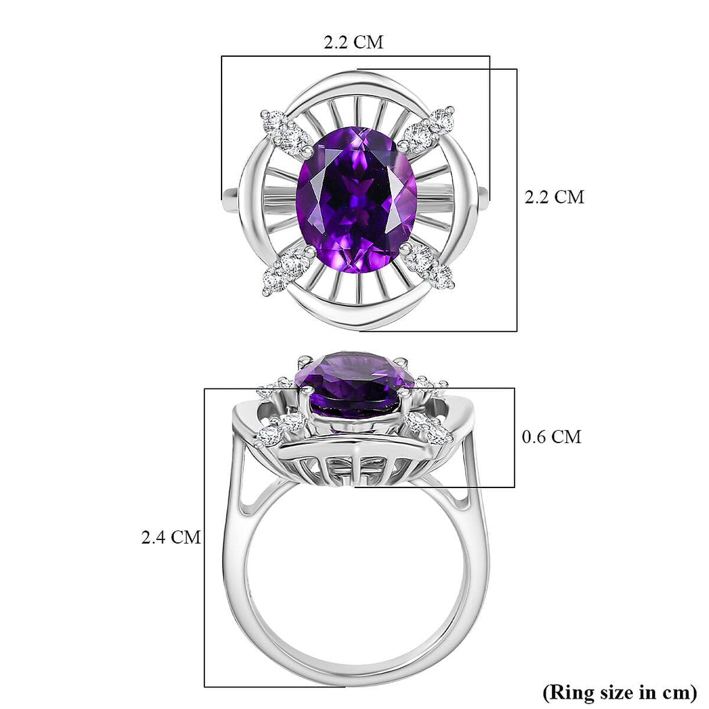 Natural Moroccan Amethyst & White Zircon Sunlit Grace Ring in Rhodium Overlay Sterling Silver 3.53 Ct.
