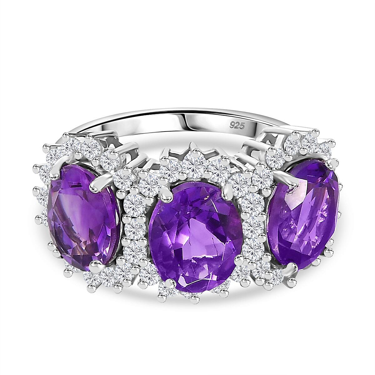 Moroccan Amethyst, White Zircon 3-Stone Halo Ring in Rhodium Plated Sterling Silver 6.722 Ct. 7813063 0