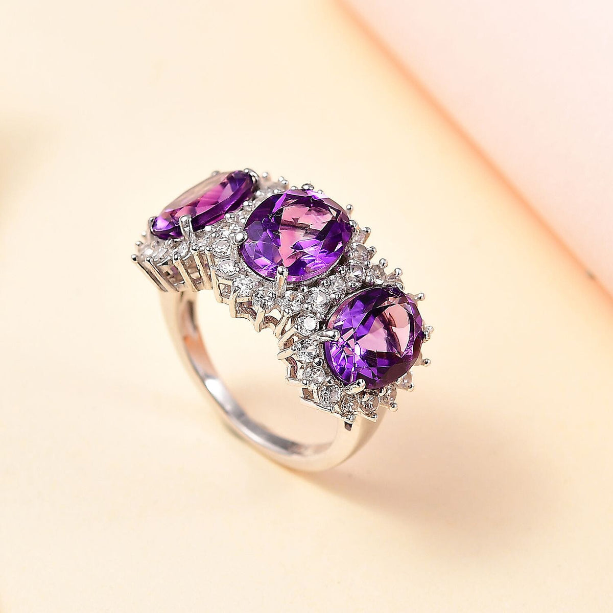 Moroccan Amethyst, White Zircon 3-Stone Halo Ring in Rhodium Plated Sterling Silver 6.722 Ct. 7813063 1