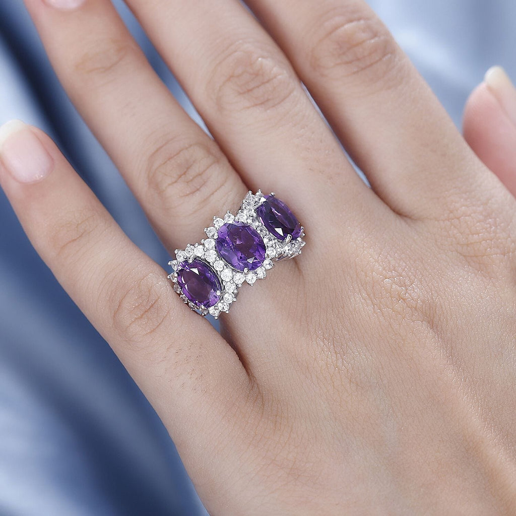 Moroccan Amethyst & Natural Zircon Ring in Rhodium Overlay Sterling Silver 6.72 Ct.