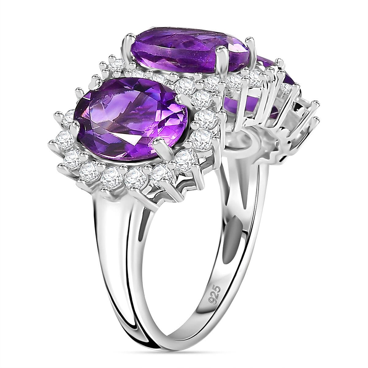 Moroccan Amethyst, White Zircon 3-Stone Halo Ring in Rhodium Plated Sterling Silver 6.722 Ct. 7813063 3