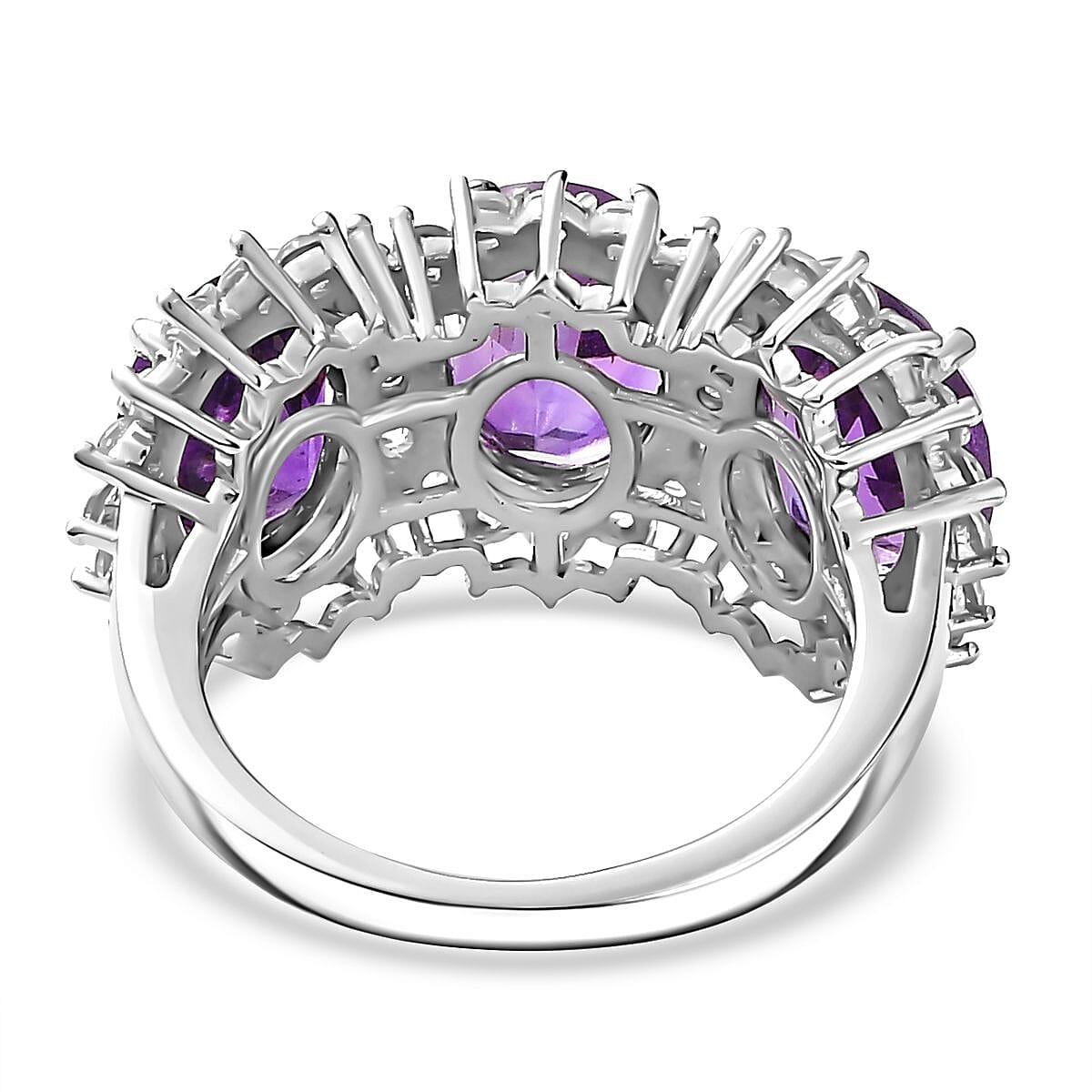 Moroccan Amethyst, White Zircon 3-Stone Halo Ring in Rhodium Plated Sterling Silver 6.722 Ct. 7813063 4