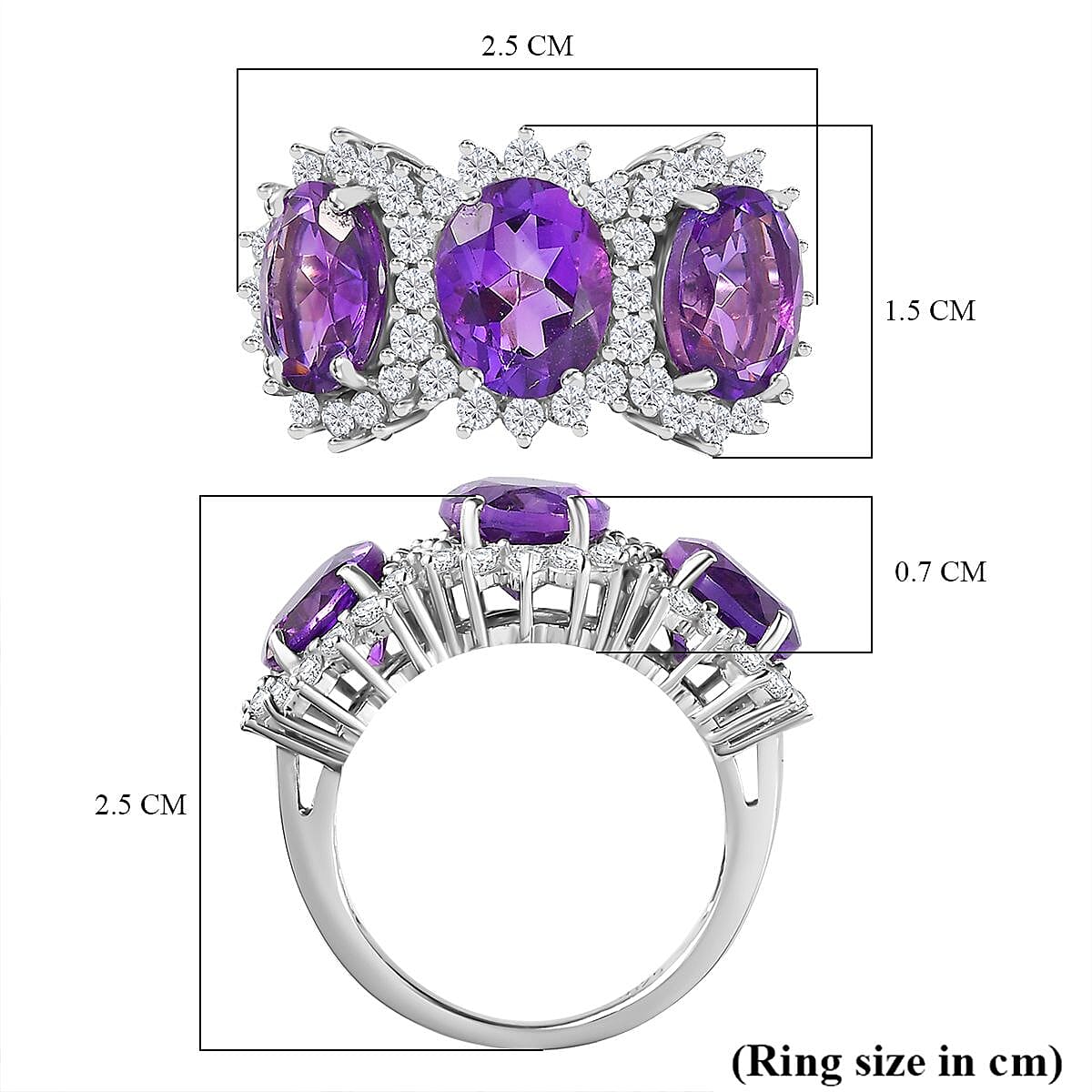 Moroccan Amethyst, White Zircon 3-Stone Halo Ring in Rhodium Plated Sterling Silver 6.722 Ct. 7813063 5