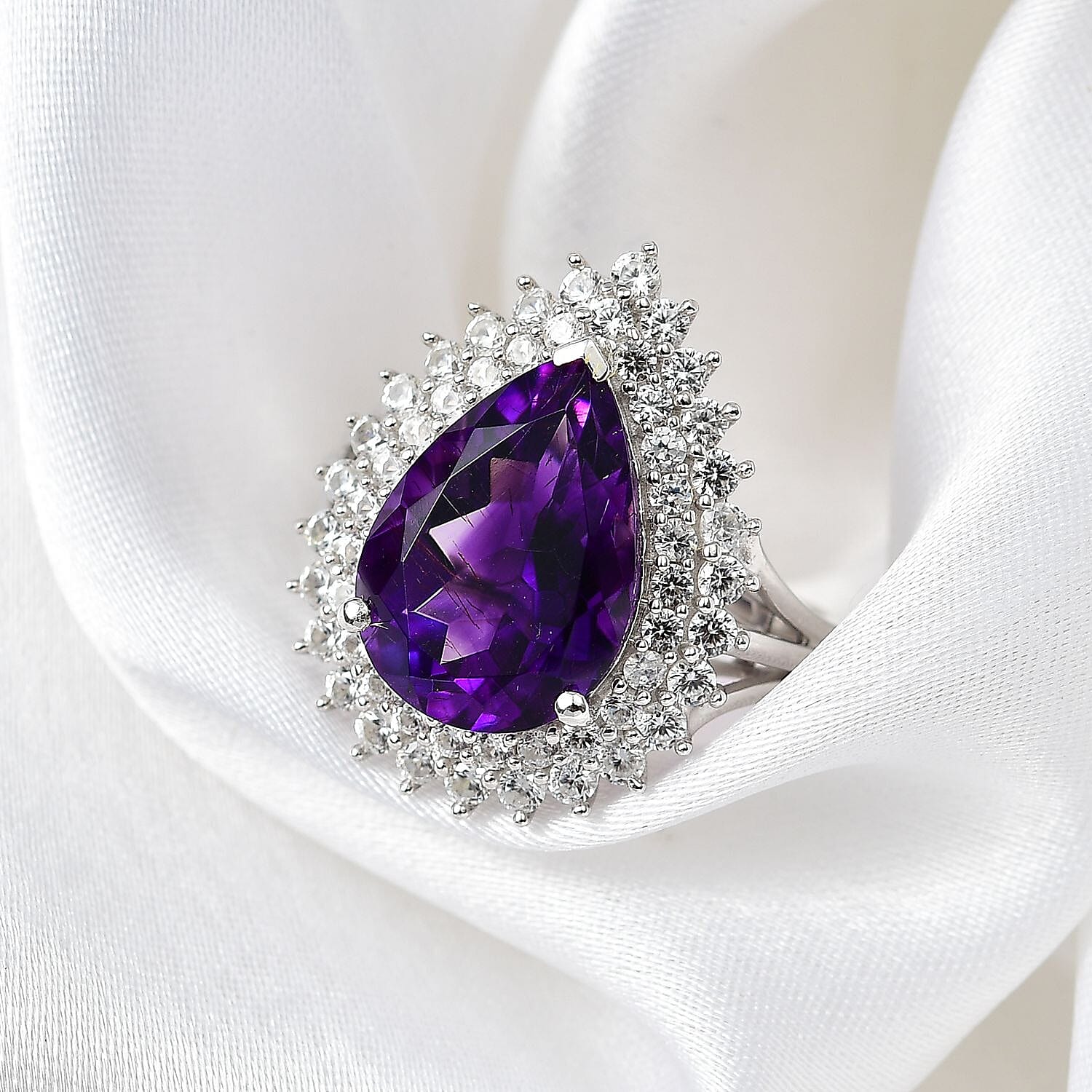 Moroccan Amethyst, White Zircon Double Halo Ring in Rhodium Overlay Sterling Silver, Silver Wt. 5.5 Gms 6.299 Ct. 7847877 1