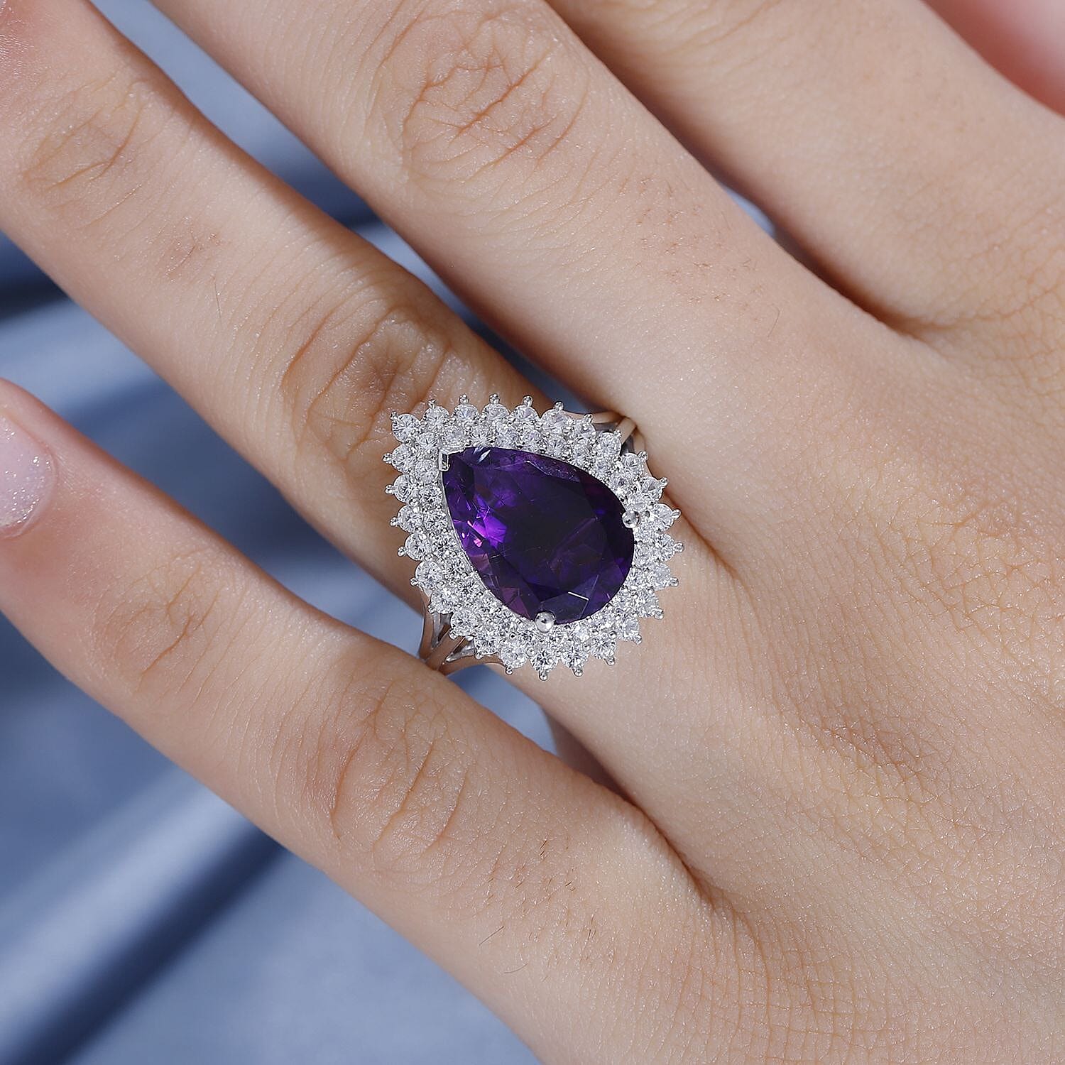 Moroccan Amethyst, White Zircon Double Halo Ring in Rhodium Overlay Sterling Silver, Silver Wt. 5.5 Gms 6.299 Ct. 7847877 2