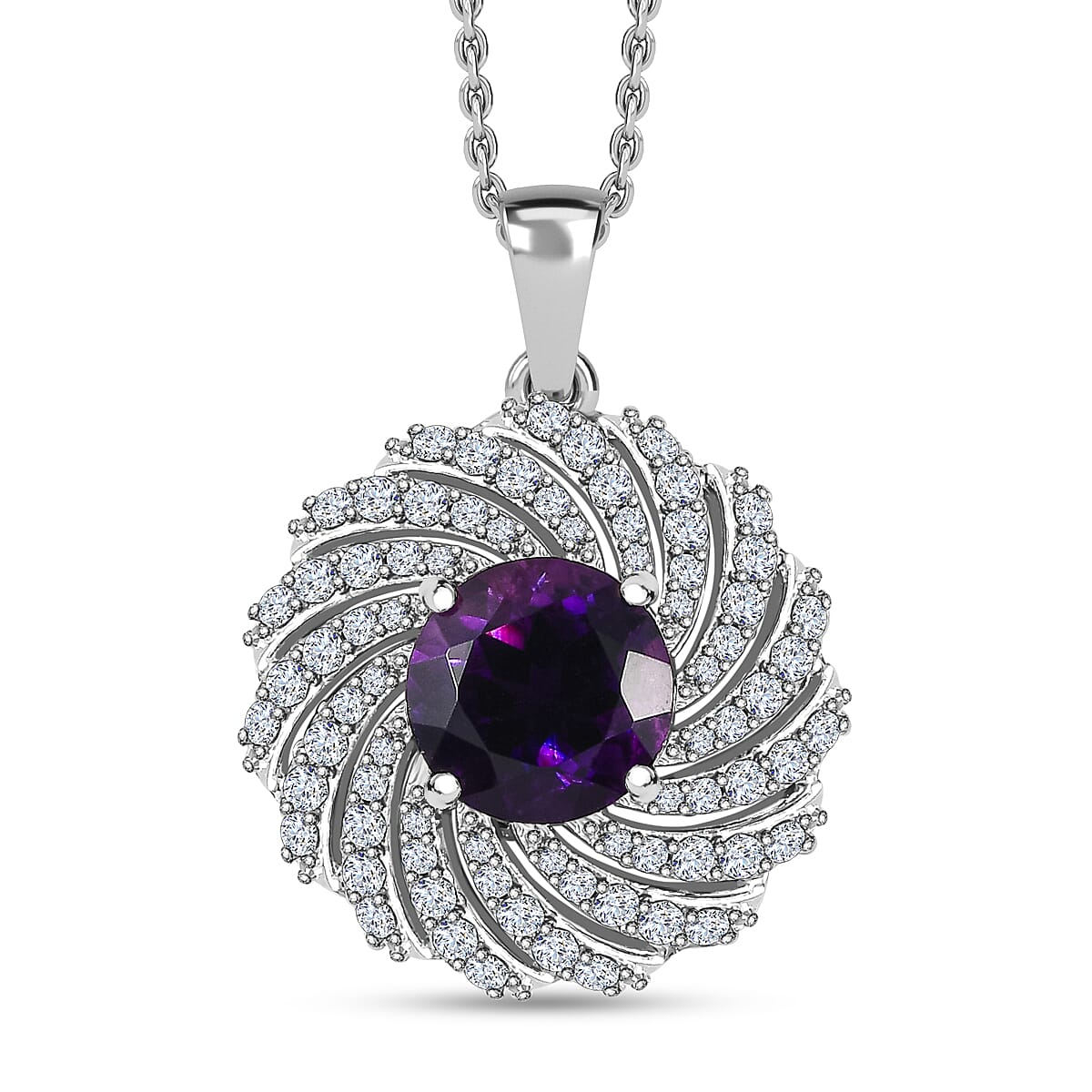 Moroccan Amethyst &amp; Natural Zircon Pendant with Chain (Size 20) in Platinum Overlay Sterling Silver 4.08 Ct, Silver Wt. 5.90 GM 4244189 0