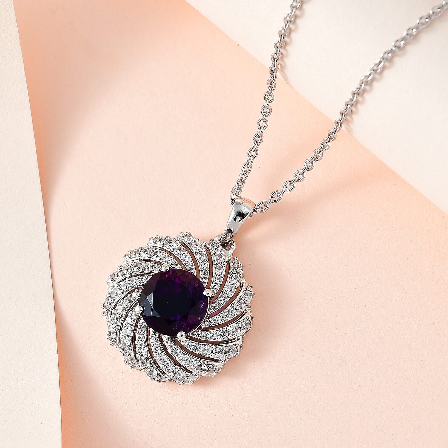 Moroccan Amethyst &amp; Natural Zircon Pendant with Chain (Size 20) in Platinum Overlay Sterling Silver 4.08 Ct, Silver Wt. 5.90 GM 4244189 2