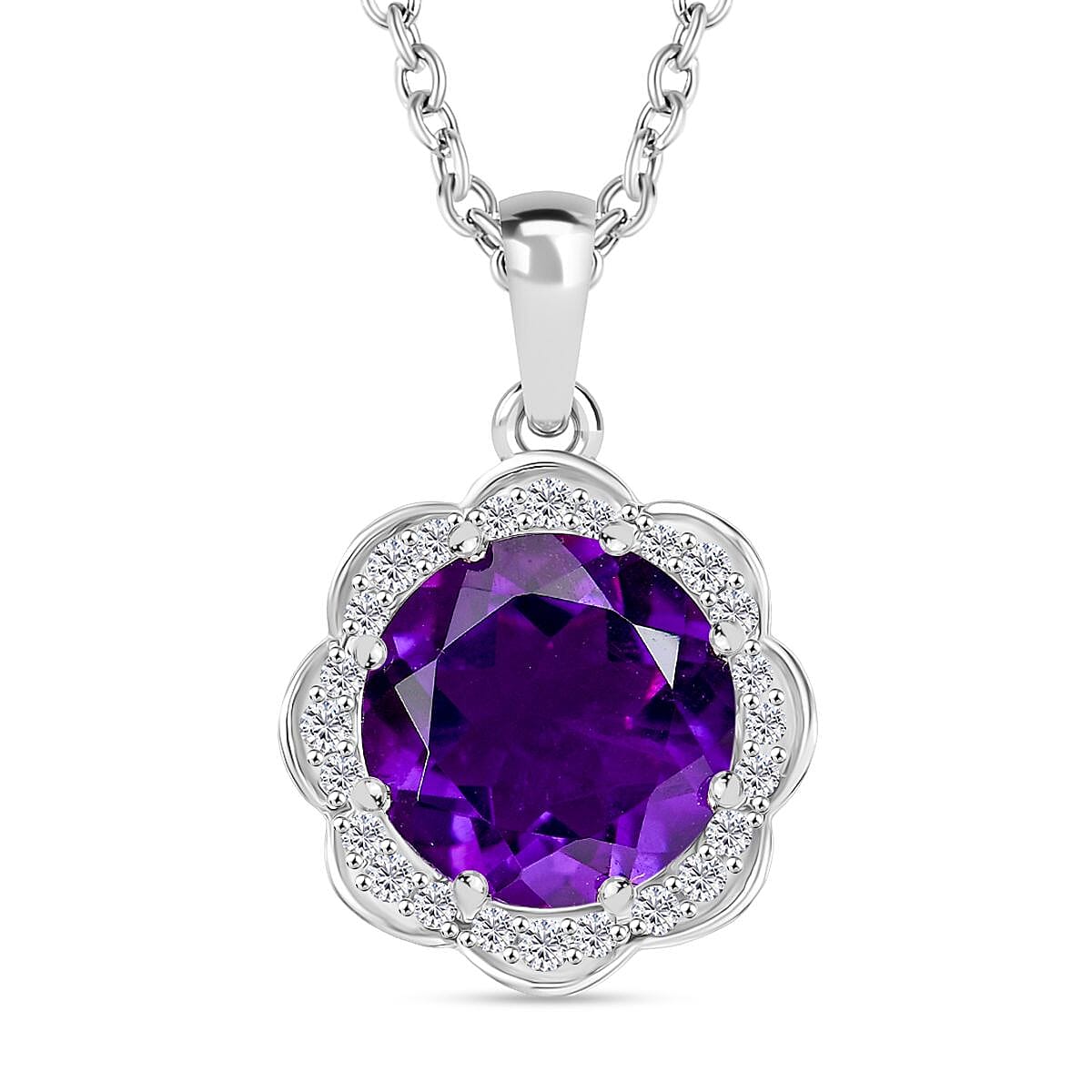 Moroccan Amethyst &amp; White Zircon Pendant with Chain (Size 20) in Rhodium Overlay Sterling Silver 4.32 Ct. 4379274 0