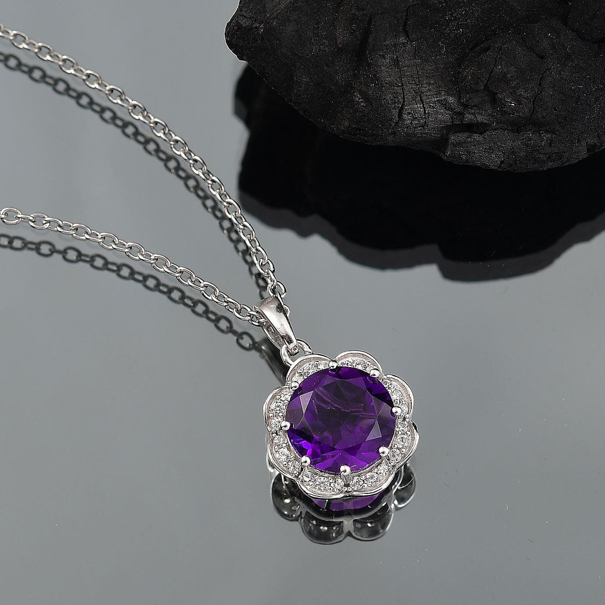 Moroccan Amethyst &amp; White Zircon Pendant with Chain (Size 20) in Rhodium Overlay Sterling Silver 4.32 Ct. 4379274 2