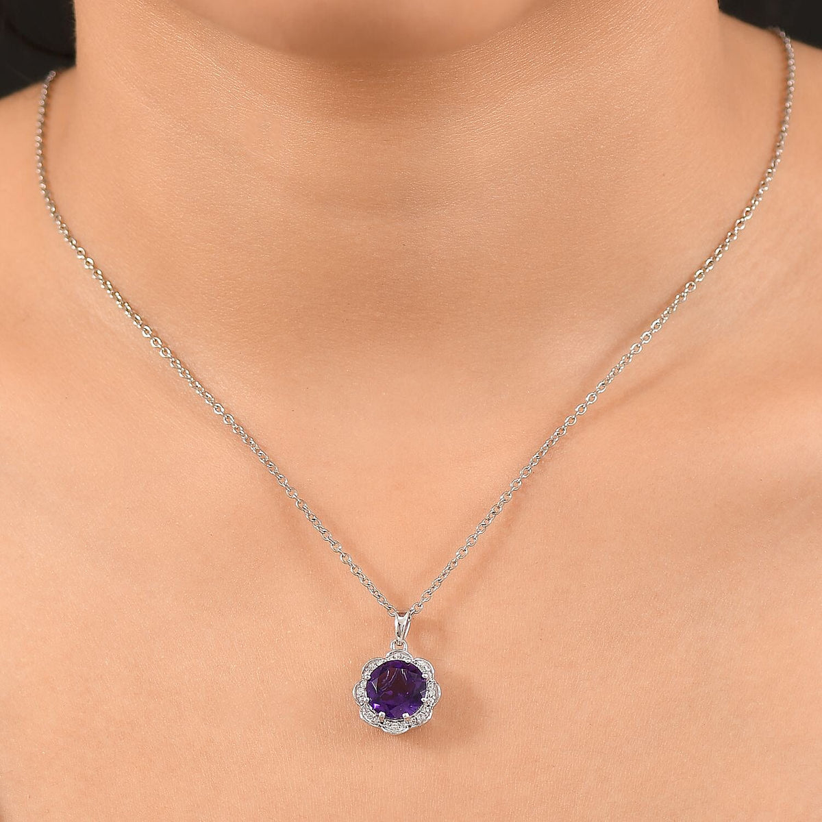 Moroccan Amethyst &amp; White Zircon Pendant with Chain (Size 20) in Rhodium Overlay Sterling Silver 4.32 Ct. 4379274 3