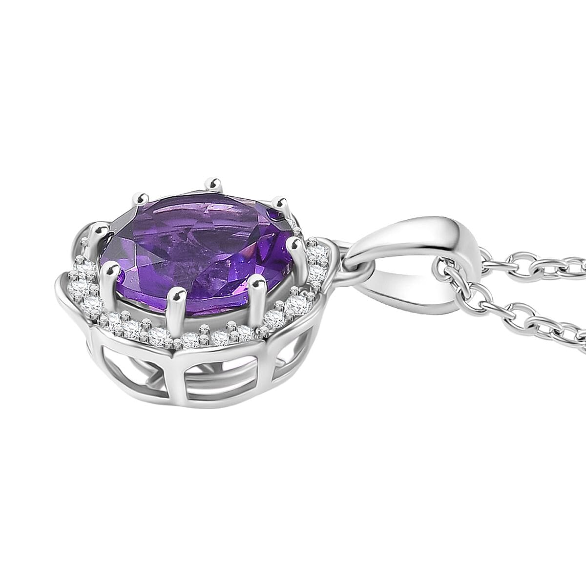 Moroccan Amethyst &amp; White Zircon Pendant with Chain (Size 20) in Rhodium Overlay Sterling Silver 4.32 Ct. 4379274 4