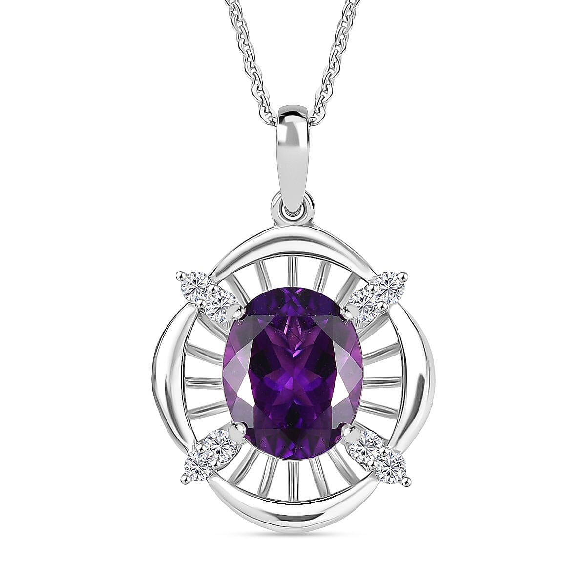 Moroccan Amethyst &amp; White Zircon Pendant with Chain (Size 20) in Rhodium Overlay Sterling Silver 3.53 Ct. 4389510 0