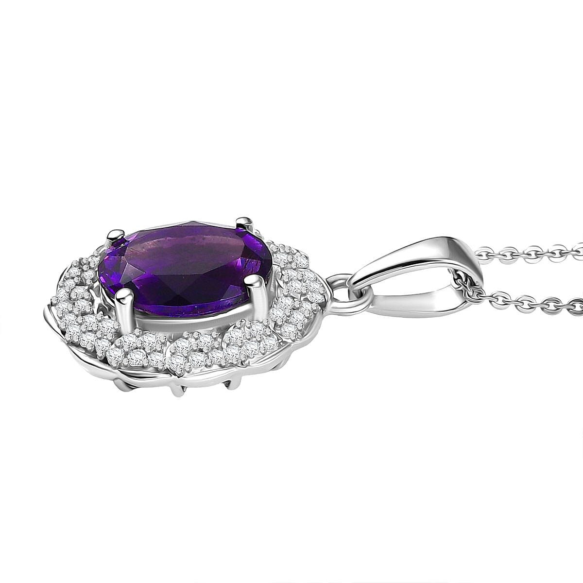 Moroccan Amethyst,  White Zircon Pendant with Chain (Size 20) in Rhodium Overlay Sterling Silver , Silver Wt. 6.15 Gms  4.33  Ct. 4392534 4
