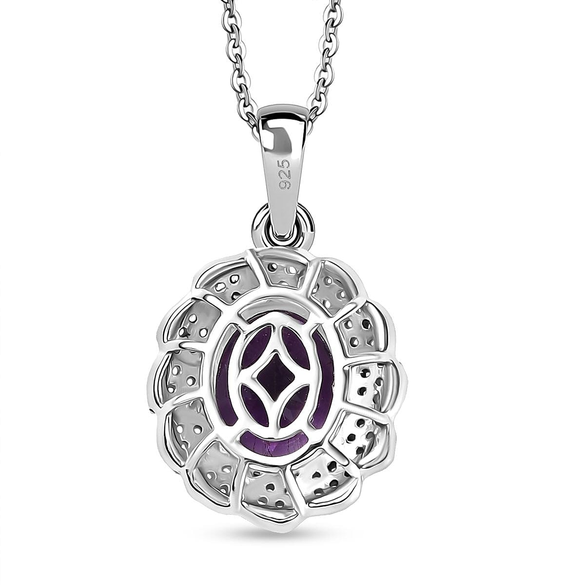 Moroccan Amethyst,  White Zircon Pendant with Chain (Size 20) in Rhodium Overlay Sterling Silver , Silver Wt. 6.15 Gms  4.33  Ct. 4392534 5