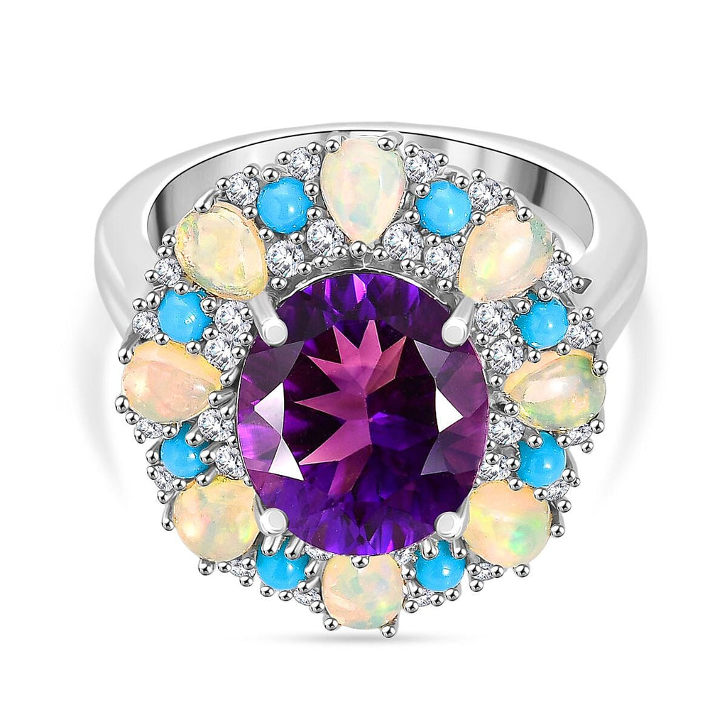 Moroccan Amethyst, White Zircon, Sleeping Beauty Turquoise, Ethiopian Opal Main Stone With Side Stone Ring in Rhodium OverlaySterling Silver, Silver Wt.5 Gms  5.077  Ct.