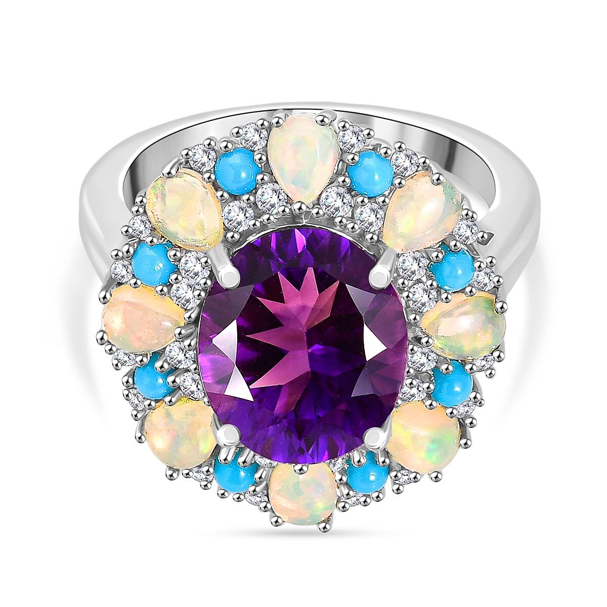 Moroccan Amethyst, White Zircon, Sleeping Beauty Turquoise, Ethiopian Opal Main Stone With Side Stone Ring in Rhodium OverlaySterling Silver, Silver Wt.5 Gms  5.077  Ct. 8148226 0