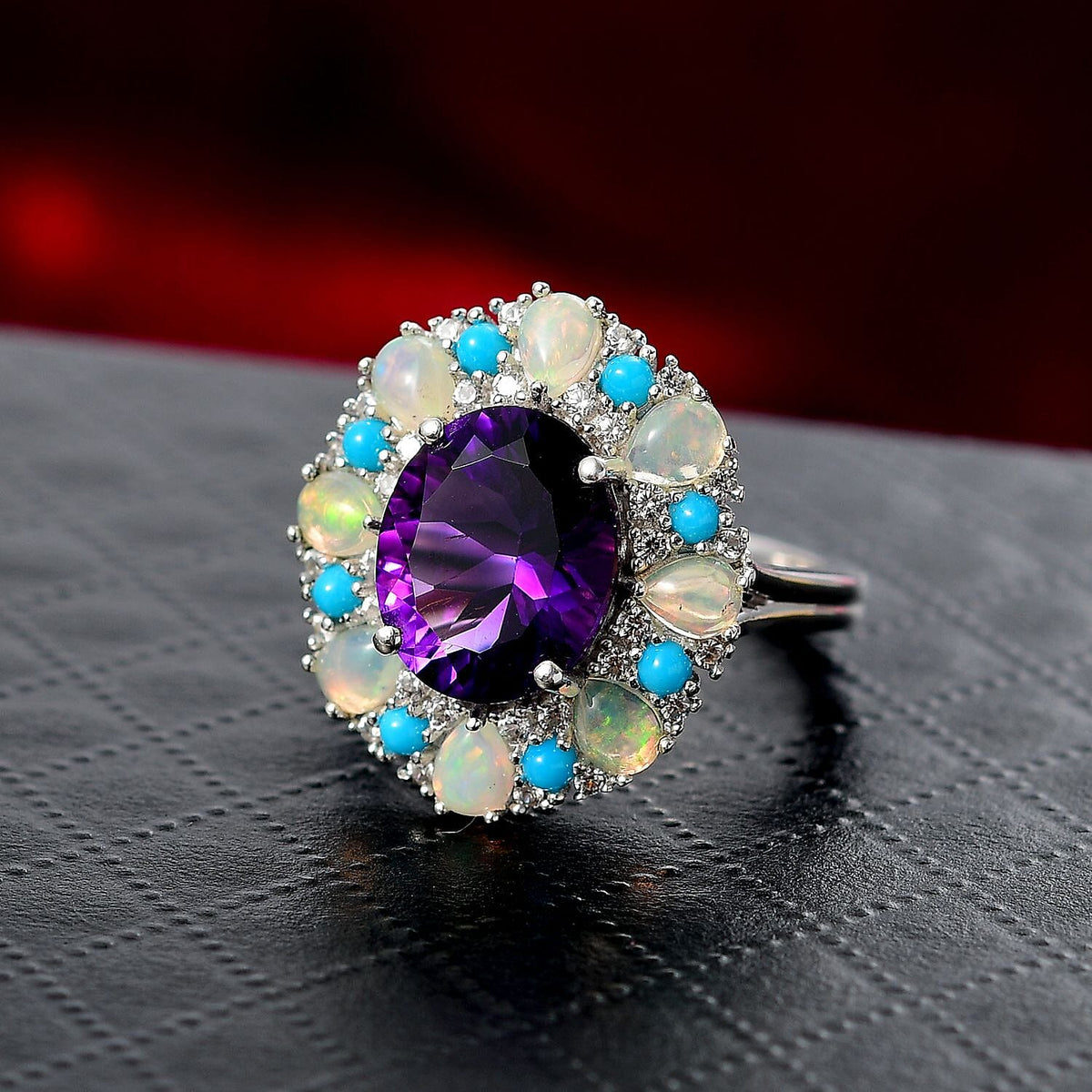 Moroccan Amethyst, White Zircon, Sleeping Beauty Turquoise, Ethiopian Opal Main Stone With Side Stone Ring in Rhodium OverlaySterling Silver, Silver Wt.5 Gms  5.077  Ct. 8148226 1