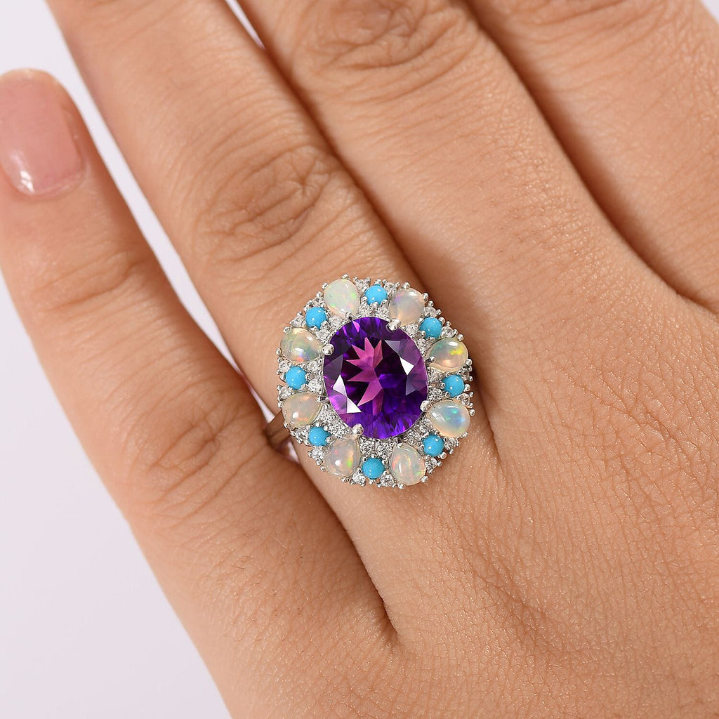 Moroccan Amethyst, White Zircon, Sleeping Beauty Turquoise, Ethiopian Opal Main Stone With Side Stone Ring in Rhodium OverlaySterling Silver, Silver Wt.5 Gms  5.077  Ct.