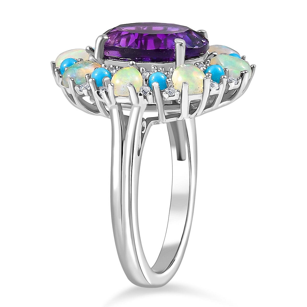 Moroccan Amethyst, White Zircon, Sleeping Beauty Turquoise, Ethiopian Opal Main Stone With Side Stone Ring in Rhodium OverlaySterling Silver, Silver Wt.5 Gms  5.077  Ct. 8148226 3