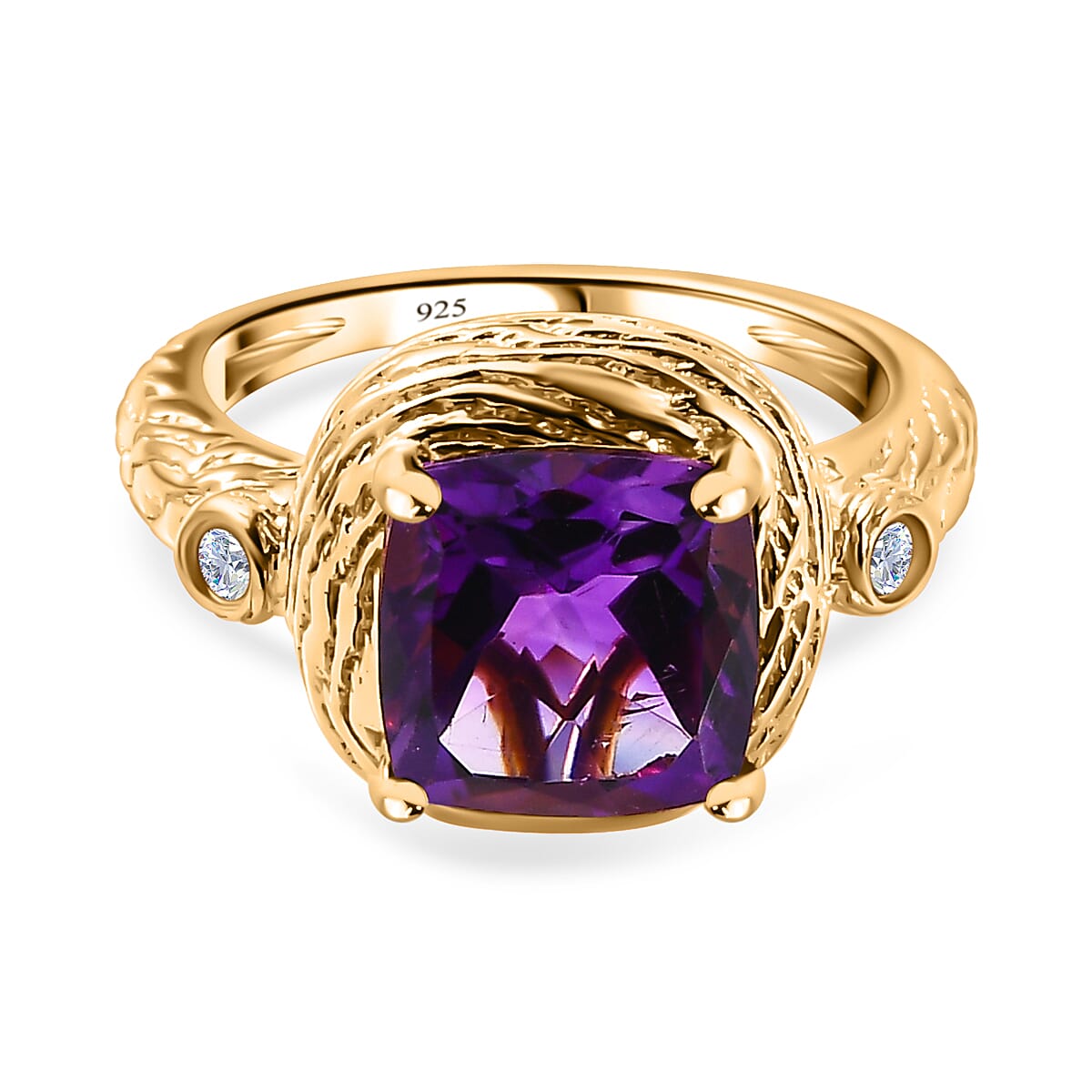 Moroccan Amethyst, White Zircon Solitaire Ring in 18K Vermeil Yellow Gold Plated Sterling Silver 7693023 0