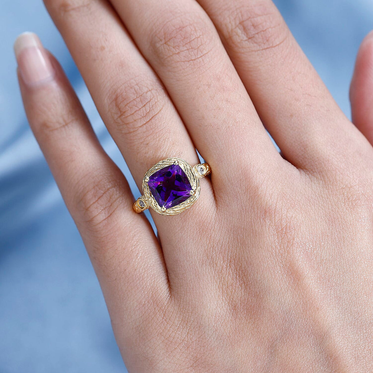 Moroccan Amethyst, White Zircon Solitaire Ring in 18K Vermeil Yellow Gold Plated Sterling Silver 7693023 2