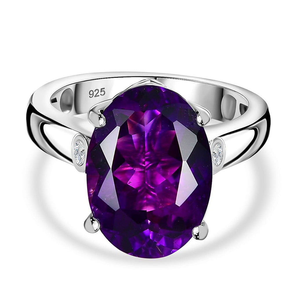 Moroccan Amethyst & Natural Zircon Ring in Rhodium Overlay Sterling Silver 5.84 Ct