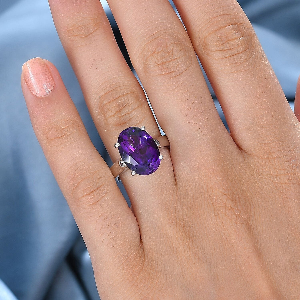 Moroccan Amethyst, White Zircon Solitaire Ring in Rhodium Plated Sterling Silver, Silver Wt. 5.97 Gms  5.847  Ct. 7807760 2