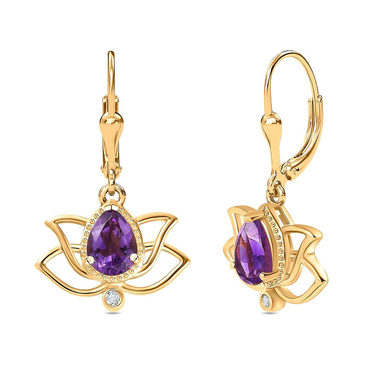 Moroccan Amethyst, White Zircon Solitaire Lotus Earrings in 18K Yellow Gold Vermeil Plated Sterling Silver, 2.300 Ct. 7809108 0