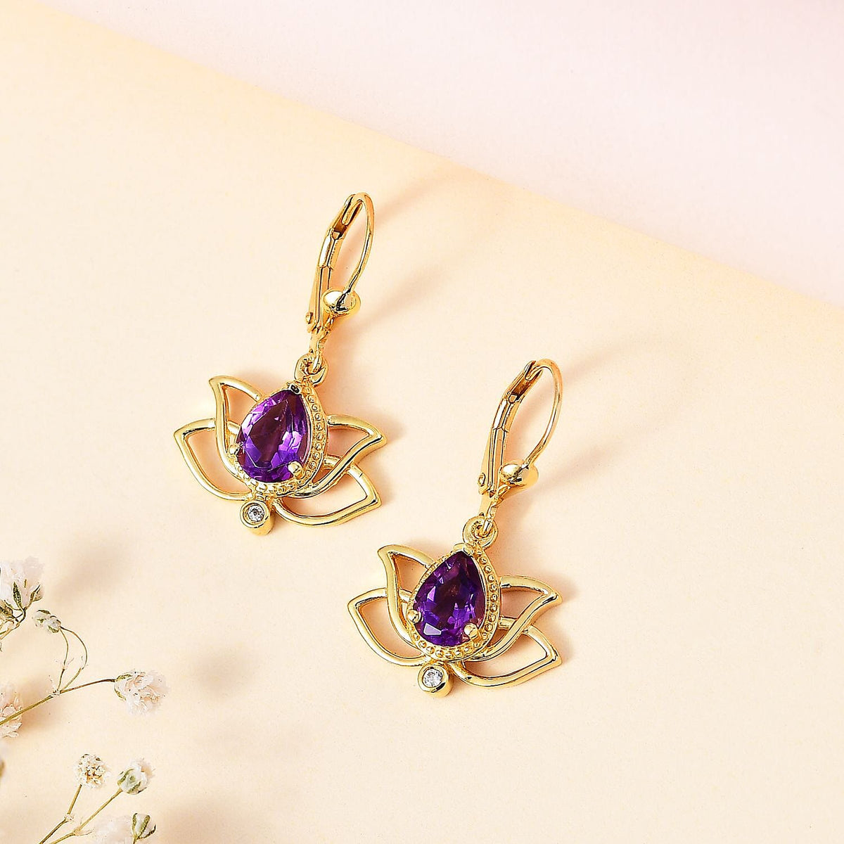 Moroccan Amethyst, White Zircon Solitaire Lotus Earrings in 18K Yellow Gold Vermeil Plated Sterling Silver, 2.300 Ct. 7809108 1
