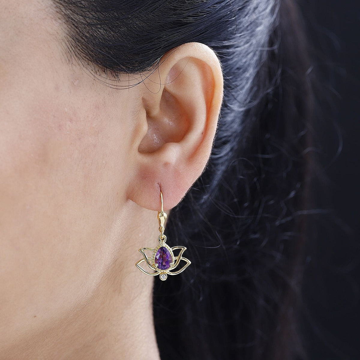 Moroccan Amethyst, White Zircon Solitaire Lotus Earrings in 18K Yellow Gold Vermeil Plated Sterling Silver, 2.300 Ct. 7809108 2