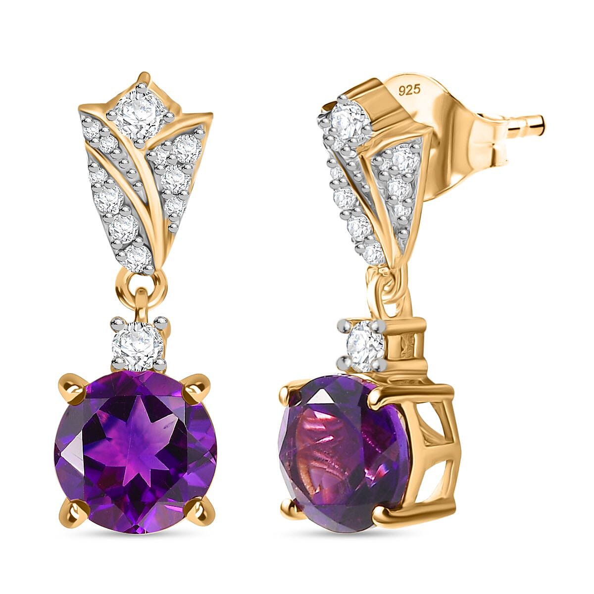 Natural Moroccan Amethyst &amp; White Zircon Blossom Drops Solitaire Stud Push Post Earring in 18K Vermeil Yellow Gold Plated Sterling Silver 2.97 Ct. 8165925 0