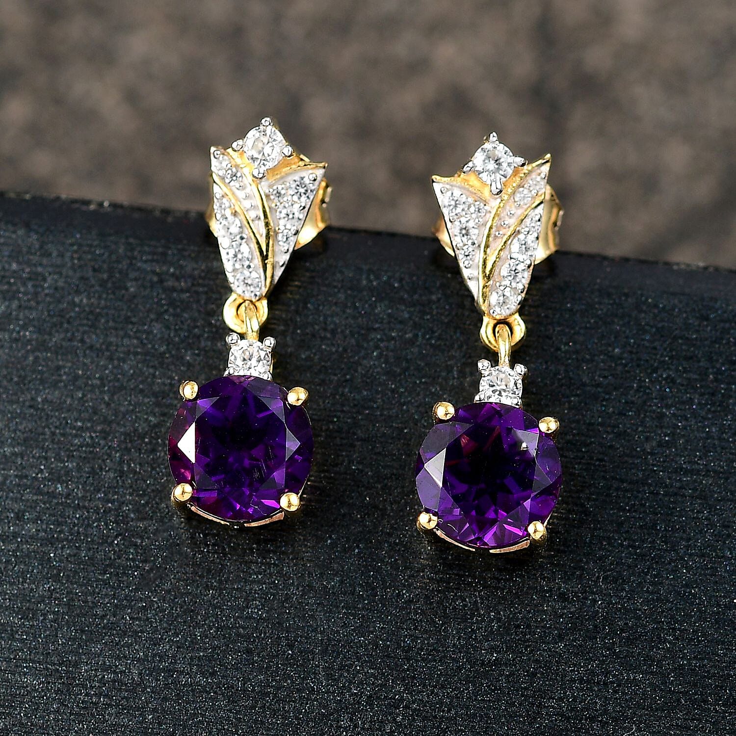 Natural Moroccan Amethyst &amp; White Zircon Blossom Drops Solitaire Stud Push Post Earring in 18K Vermeil Yellow Gold Plated Sterling Silver 2.97 Ct. 8165925 2