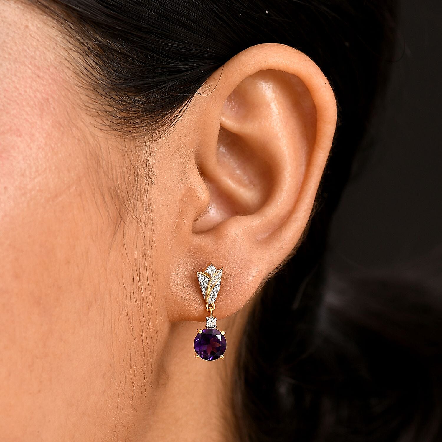 Natural Moroccan Amethyst &amp; White Zircon Blossom Drops Solitaire Stud Push Post Earring in 18K Vermeil Yellow Gold Plated Sterling Silver 2.97 Ct. 8165925 3