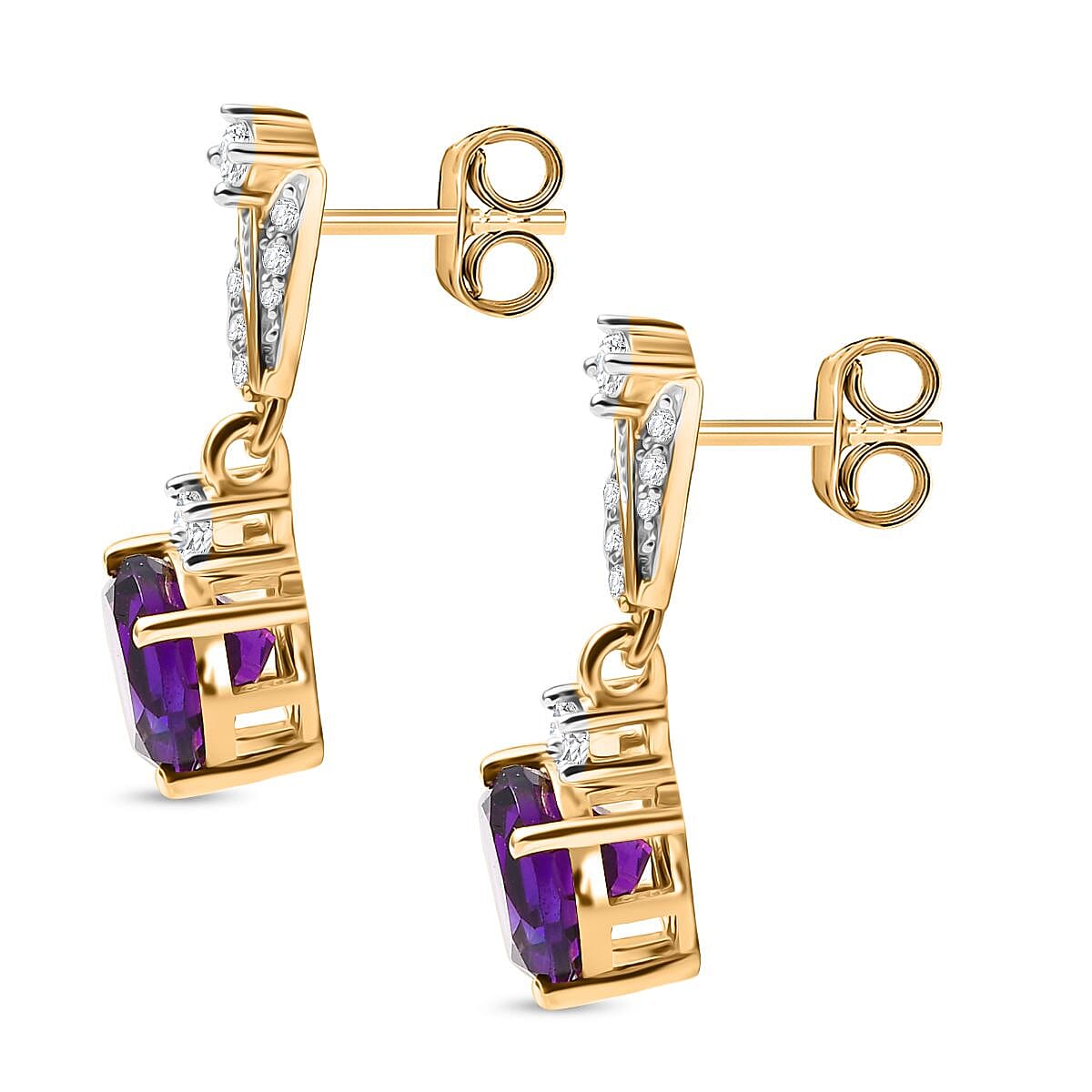 Natural Moroccan Amethyst &amp; White Zircon Blossom Drops Solitaire Stud Push Post Earring in 18K Vermeil Yellow Gold Plated Sterling Silver 2.97 Ct. 8165925 4