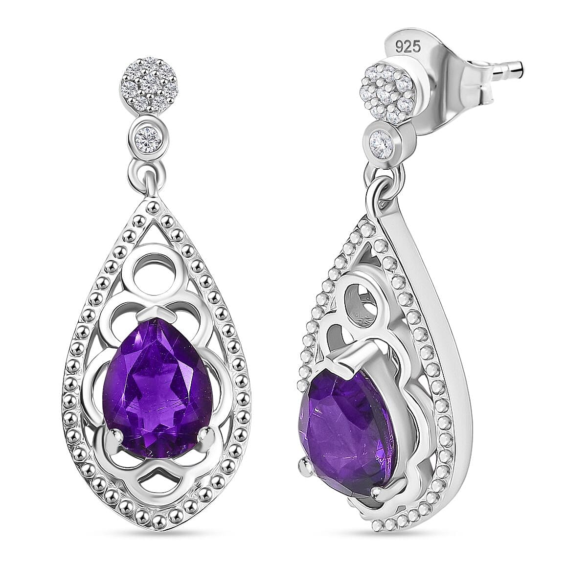 Natural Moroccan Amethyst, White Zircon Lace Garden Drop Push Post Earring in Rhodium Overlay Sterling Silver 2.23 Ct. 8164972 0