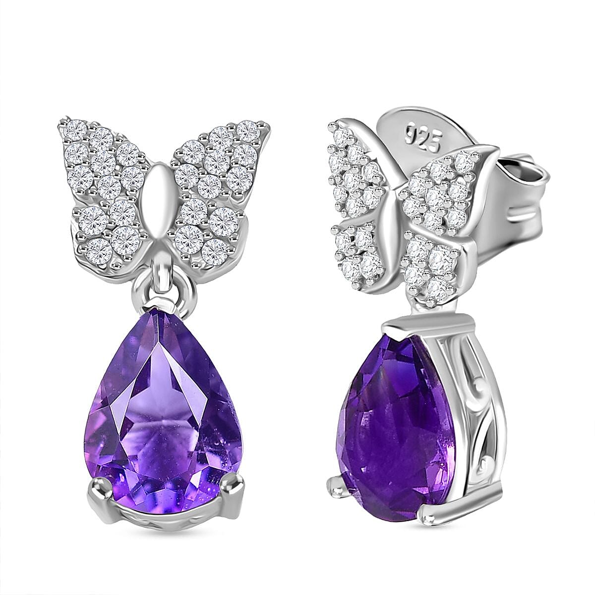 Natural Moroccan Amethyst &amp; White Zircon Blooming Butterfly Stud Push Post Earring in Rhodium Overlay Sterling Silver 2.43 Ct. 8164976 0